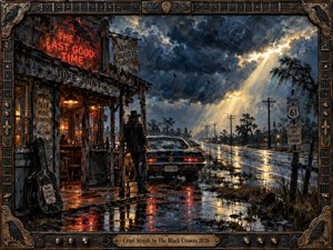 A lone traveler stands outside a weathered roadside juke joint beneath a violent storm, beside a dark muscle car on rain-soaked pavement. Red neon reflections, warm bar light, cold blue clouds, distant highway signs, crows, and dramatic sunbeams create a brooding Southern rock atmosphere framed by distressed wood and metal.
