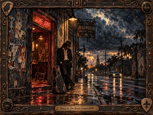 A lone, road-worn musician leans outside a weathered juke joint on a rain-soaked Southern street, framed by storm clouds, glowing neon, and warm interior light. Reflections shimmer across wet pavement in deep blues, amber, and rust. The richly textured, cinematic painting feels brooding, soulful, and haunted, with an ornate music-themed frame.