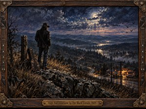 A solitary traveler stands on a rocky ridge above a moonlit valley, gazing across winding roads, distant lights, and misty hills. Deep blues, charcoal grays, and warm amber glows create a lonely, reflective mood. Rich oil-paint textures, dramatic clouds, crows, a worn guitar case, and carved rustic framing deepen the Southern rock atmosphere.