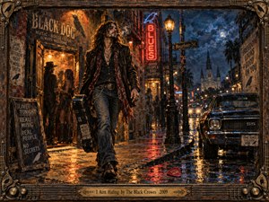 A lone rocker strides through a rain-soaked nighttime music district, carrying a battered guitar case beneath glowing amber lamps and red neon. Wet pavement mirrors the city lights while smoky bars, vintage cars, and distant church spires deepen the restless mood. Rich painterly textures, dark blues, rust tones, and worn wood create gritty Southern rock atmosphere.