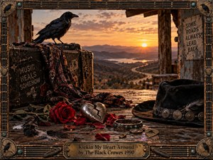 A black crow perches on a battered guitar case at a rustic desert overlook, surrounded by a cracked metal heart, red rose, feathered hat, scarf, jewelry, and guitar picks. Warm sunset light washes the winding road and distant mountains, creating a weathered, romantic, roots-rock atmosphere framed in ornate bronze and leather.