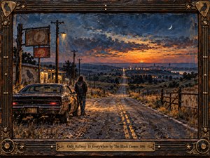 A lone traveler stands beside a weathered muscle car on a cracked country highway stretching toward distant town lights. Deep indigo skies, glowing orange sunset, a crescent moon, telephone poles, fields, and warm roadside lamps create a restless, reflective mood. Textured oil and encaustic surfaces enrich the handcrafted, vintage atmosphere.