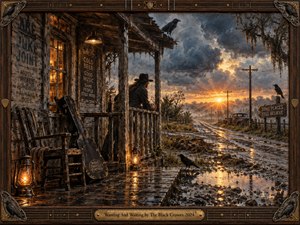 A weathered roadside porch overlooks a rain-soaked country road beneath a dramatic stormy sunset. Warm lantern light contrasts with cool blue-gray clouds, while black crows, an old guitar case, wooden chairs, and distant telephone poles deepen the mood of longing. Richly textured painterly details evoke Southern rock nostalgia and restless anticipation.