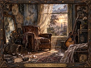 A worn leather armchair, cracked mirror, toppled birdcage, and weathered guitar fill a sunlit Southern room, framed by peeling walls and lace curtains. Warm gold light pours through an open window onto dusty feathers and rugs, creating a melancholic, cinematic mixed media scene of sorrow, memory, resilience, and quiet hope.