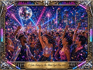 A jubilant rooftop crowd dances beneath a glittering disco ball, fireworks, and sweeping neon lights against a glowing city skyline. Electric blues, magentas, golds, and purples create an exuberant nighttime atmosphere. Energetic acrylic-style brushwork, flying confetti, joyful raised hands, and an ornate chrome-and-gold music-themed frame amplify the celebratory mood.
