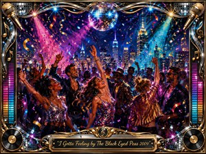 A jubilant rooftop dance party erupts beneath a glittering disco ball and glowing city skyline. Vibrant pink, blue, gold, and violet spotlights illuminate joyful dancers, swirling confetti, and raised hands. Rich painterly textures blend with polished chrome and musical details, while an ornate gold frame and engraved title plate complete the celebratory scene.