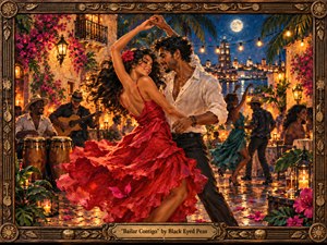 A passionate couple dances beneath glowing string lights in a moonlit Mediterranean courtyard, surrounded by musicians, tropical flowers, lanterns, and a shimmering waterfront skyline. Rich reds, golds, teal, and deep blues heighten the romantic, celebratory mood. Painterly textures, wet stone reflections, swirling fabric, and an ornate carved frame create handcrafted elegance.