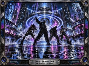 Four futuristic performers command a neon-soaked city stage beneath a colossal glowing sound core, surrounded by cheering crowds, towering speakers, and misty skyscrapers. Electric blue, violet, magenta, chrome, and black dominate the dramatic lighting, while reflective puddles ripple with bass-like energy. The cyberpunk mixed-media style feels glossy, kinetic, metallic, and explosive.