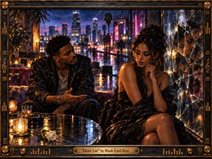 A tense couple sits in a rain-soaked, neon-lit lounge overlooking a glowing city skyline. The man leans forward while the woman turns away beside a fractured mirror reflecting emotional distance. Deep blues, amber candlelight, and magenta signs create a moody, cinematic atmosphere, framed by ornate black-and-bronze musical detailing.