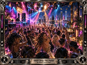 A dazzling rooftop nightclub pulses above a glittering city skyline, packed with dancers beneath a mirrored disco ball and sweeping neon lights. Electric pink, blue, gold, and violet reflections energize the scene, while a DJ booth, confetti, metallic frame details, and warm bar lighting create a glamorous, high-energy nightlife atmosphere.