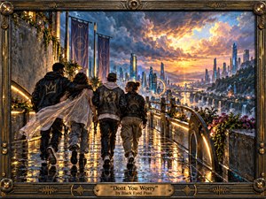 Four friends walk arm in arm along a rain-slick terrace toward a radiant futuristic city glowing after a storm. Golden sunset light breaks through deep blue clouds, reflecting across wet stone and luminous railings. Framed in ornate bronze with musical motifs, the artwork feels hopeful, cinematic, richly textured, and emotionally uplifting.