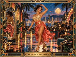 A glamorous dancer sways at the center of a moonlit rooftop lounge, framed by palms, mirrored arches, and a glittering waterfront skyline. Warm golds, coral reds, and deep teal blues glow across reflective floors in a richly textured, art deco-inspired painting, with lively party details and an ornate decorative frame.
