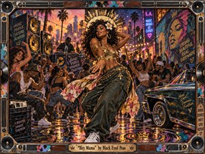 A radiant woman dances at the heart of a lively urban block party, surrounded by cheering crowds, speakers, murals, neon signs, and a gleaming lowrider. Warm gold, pink, teal, and violet tones glow across rain-slick streets. Handcrafted graffiti, metallic textures, and layered paint create an exuberant, rhythmic, celebratory atmosphere.