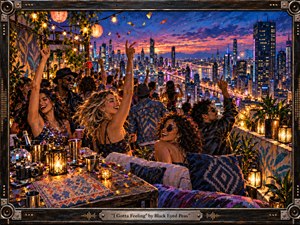 A jubilant rooftop celebration unfolds above a glowing modern city at sunset, capturing carefree anticipation and collective euphoria. Dancing friends, raised hands, confetti, lanterns, and richly patterned furnishings fill the foreground, while neon towers and illuminated bridges recede into the distance. Warm amber light contrasts with deep blues and vivid magentas in a textured, cinematic painting style.