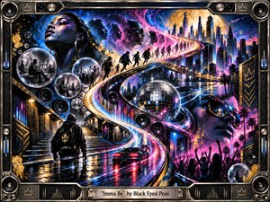 A futuristic neon city unfolds along a luminous S-curved roadway, linking shadowed street scenes, rising figures, mirrored disco energy, and glowing skyscrapers. Electric blues, magentas, golds, and blacks create a confident, ambitious mood. Reflective surfaces, speaker-like framing, rain-slick streets, and layered silhouettes give the handcrafted digital artwork depth, motion, and celebratory momentum.