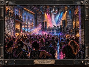 A packed industrial nightclub surges with collective energy beneath neon pink, blue, orange, and white lights. A DJ stage anchors the composition as raised hands, reflective floors, graffiti, speakers, and a mirrored disco ball intensify the celebratory mood. The handcrafted mixed-media style feels gritty, vibrant, urban, and electrically alive.