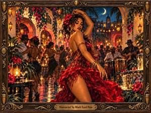 A glamorous dancer in a flowing crimson dress commands a moonlit courtyard alive with music, movement, and tropical warmth. Golden lanterns illuminate arched stucco walls, musicians, flowers, and reflective stone floors beneath a deep blue sky. Rich painterly textures, ornate framing, and fiery reds create a sensual, festive atmosphere.