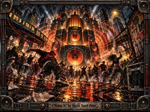A rain-soaked urban street erupts into a high-energy dance gathering beneath towering speakers and elevated trains. Fiery orange sound waves blaze against deep blacks and steel grays, reflecting across wet pavement. Dynamic figures, cables, posters, industrial structures, and distressed metal textures create a gritty, explosive mixed-media atmosphere of rhythm and motion.