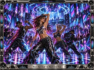 A futuristic nightclub pulses with euphoric energy as four dancers command a glowing reflective floor beneath a giant mirrored sphere. Electric blue, magenta, violet, and silver lights streak through crowded balconies and speaker towers. Painterly textures, glossy metallic clothing, haze, neon reflections, and an intricate audio-inspired frame create a vivid, kinetic celebration.