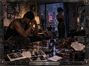 A tense couple occupies a rain-soaked city apartment, separated by silence and emotional distance. Cool blue neon from the skyline contrasts with warm lamplight, illuminating scattered photographs, wilted roses, a flip phone, headphones, and broken glass. The gritty, cinematic realism and industrial frame heighten the fractured, late-night atmosphere.