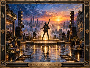 A triumphant performer stands on a glowing rooftop stage above a futuristic city at sunset, surrounded by musicians, towers, and warm reflections on polished stone. Deep blues, fiery golds, and amber light create an uplifting, celebratory mood. Richly textured painterly details, dramatic clouds, metallic framing, and illuminated architecture give the scene cinematic grandeur.