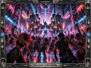 A pulsating warehouse nightclub erupts around a central DJ platform, towering speakers, and ecstatic dancers. Neon magenta, cyan, violet, and fiery orange lights slice through smoke, reflecting across a glossy floor. The cinematic mixed-media style blends street-art textures, metallic detail, and futuristic sound imagery within an industrial amplifier-inspired frame.