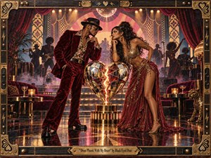 A glamorous retro-funk nightclub frames two stylish figures locked in a tense, flirtatious stare across a shattered mirrored heart. Rich crimson, gold, and plum tones glow beneath theatrical spotlights and smoky haze. Velvet curtains, musicians, reflective flooring, ornate brass details, and a handcrafted vintage frame heighten the seductive, dramatic atmosphere.