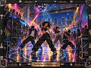 A kinetic rooftop dance party erupts beneath a mirrored disco ball, framed by towering speakers and a glowing city skyline. Four dancers dominate the reflective floor as cyan, magenta, violet, and amber lights pulse through haze. Rich mixed-media textures, metallic hardware, neon rings, crowded silhouettes, and the engraved title plate create an energetic, handcrafted club atmosphere.