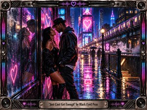 A couple leans close beneath neon city lights on a rain-soaked street, surrounded by glowing hearts, elevated trains, umbrellas, and mirrored pavement. Electric magenta, cyan, violet, and blue reflections create a romantic, restless mood. Painterly textures, mist, glossy highlights, and a metallic music-inspired frame give the scene cinematic depth and handcrafted energy.