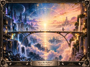 Two distant figures approach each other across an elegant bridge suspended between cool futuristic night and warm golden dawn. Indigo towers, waterfalls, glowing clouds, and rose-lit architecture converge around a radiant horizon. Painterly mixed-media textures, metallic accents, cinematic light, and an ornate music-inspired frame create a romantic, hopeful atmosphere of longing and connection.