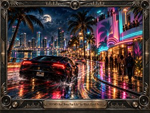 A sleek black sports car races along a rain-slick neon waterfront boulevard beneath palms and a glowing moonlit skyline. Electric magenta, cyan, red, and gold reflections energize the cinematic nightlife scene, while clubgoers, yachts, and art-deco architecture add glamour. An ornate metallic audio-inspired frame completes the handcrafted, retro-futuristic composition.