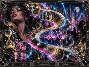 A glamorous futuristic nightclub unfolds through a sweeping S-curve of neon light, floating memory bubbles, clocks, records, and dancing silhouettes. Electric pink, blue, violet, and gold reflections shimmer across a rain-slick cityscape. Mixed-media realism, metallic textures, glassy highlights, and dramatic nightlife lighting create an energetic, nostalgic, time-bending atmosphere.