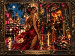 A glamorous woman in a flowing crimson dress dominates a moonlit tropical boulevard alive with vintage cars, dancers, palms, and a glowing nightclub. Saturated reds, golds, and deep blues shimmer across rain-slick pavement. Painterly textures, dramatic lantern light, and an ornate bronze musical frame create a sensual, exuberant, cinematic atmosphere.
