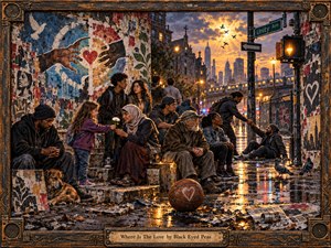 A richly textured mixed-media urban tableau shows a diverse group gathered on rain-slick steps beneath a weathered mural of reaching hands and a red heart. Golden sunset light glows across wet streets, distant towers, and reflective puddles, while the ornate speaker-studded frame and title plate reinforce the artworks soulful, hopeful, street-art character.