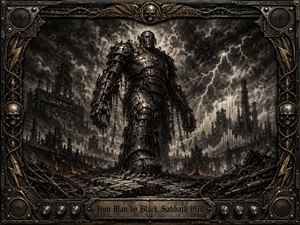 A colossal iron figure strides through a ruined industrial wasteland beneath storm clouds and jagged lightning. Deep charcoal textures, smoky blacks, steel grays, and ember highlights create a grim, apocalyptic mood. Ornate riveted metal framing, skulls, speaker grilles, chains, and amplifier details reinforce the heavy, ominous rock atmosphere.