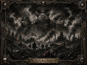A grim charcoal battlefield unfolds beneath towering pig-faced military commanders, their uniforms emerging through smoke like sinister apparitions. Ruined factories, soldiers, wreckage, and scattered fires fill the devastated landscape. Deep blacks, ashen grays, and faint ember-red accents create oppressive drama, framed by rusted metal, barbed wire, skulls, and guitar details.