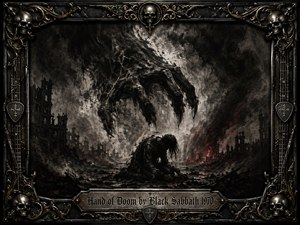 A colossal skeletal hand descends through a storm-darkened sky toward a solitary kneeling figure amid ruined city streets. Deep charcoal textures, smoky blacks, ash gray, and faint crimson fire create a bleak, oppressive mood. Ornate black-metal framing, skulls, strings, gold filigree, and an engraved title plate intensify the gothic atmosphere.