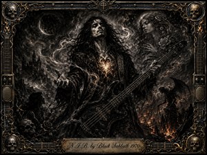 A brooding long-haired bassist dominates a gothic infernal landscape, surrounded by swirling smoke, distant flames, skulls, a spectral woman, and shadowy ruins. Deep charcoal blacks and grays contrast with glowing amber highlights from his chest and fires. Ornate gold-and-iron framing, bass strings, speaker details, and an engraved title plate complete the dramatic heavy-metal composition.