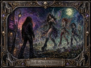 A moonlit gothic street dissolves into a fantastical gathering of boot-wearing fairies confronting a lone leather-clad rocker. Deep purples, midnight blues, smoky teal, and warm amber lights create an eerie, playful mood. Rich painterly textures, shimmering wings, wet pavement, skulls, guitars, ornate gold filigree, and platform boots frame the surreal scene.