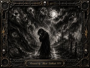 A solitary figure stands beneath a stormy moon, surrounded by looming spectral faces and a distant gothic skyline. Deep charcoal textures, blackened grays, and stark white lightning create an anxious, claustrophobic mood. Heavy chains, skulls, speaker grilles, barbed wire, and gold accents frame the haunting scene with dark theatrical intensity.