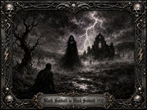 A storm-darkened graveyard surrounds a ruined Gothic church beneath branching lightning, while a shadowy cloaked figure confronts a kneeling traveler along a muddy path. Deep charcoal textures, smoky blacks, silver-gray highlights, and dramatic illumination create an ominous supernatural mood, framed by ornate metalwork, skulls, barbed wire, and engraved detailing.