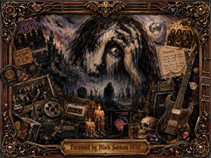 A dark, surreal heavy-metal collage centers on a terrified figure clutching their face beneath a stormy moonlit sky. Gothic ruins, graveyard silhouettes, candles, skulls, guitars, amplifiers, tapes, photographs, and concert memorabilia surround the portrait. Rich charcoal, bronze, black, and violet tones glow within an ornate metallic frame.