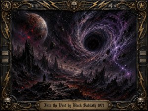 A lone figure stands on a jagged alien wasteland beneath a colossal swirling cosmic void, framed by a cracked, ember-red planet and violet lightning. Deep blacks, smoky purples, molten reds, and metallic gold create an ominous atmosphere. Heavy painterly textures and an ornate skull-and-guitar frame intensify the apocalyptic, otherworldly mood.