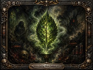 A luminous green leaf rises from a dark ornate vessel amid swirling smoke, shadowy forest forms, skulls, amplifiers, and glowing vacuum tubes. Deep blacks, moss greens, bronze, and ember orange create a mysterious heavy-metal atmosphere. Rich painterly textures, dramatic lighting, and an elaborate gothic frame intensify the brooding composition.