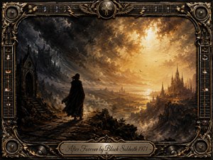 A solitary cloaked figure stands between a storm-darkened Gothic ruin and a radiant golden city, creating a dramatic vision of doubt, faith, and revelation. Rich oil-paint textures, turbulent clouds, glowing sunlight, and deep black-brown shadows dominate, while an ornate guitar-inspired gold frame and engraved title plate complete the solemn composition.