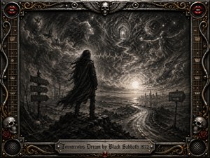 A solitary long-haired figure stands on a rocky rise, facing a winding road toward a glowing horizon beneath swirling dreamlike clouds. Deep charcoal textures create a dark, reflective mood, softened by distant light and ghostly visions. An ornate chrome-and-gold gothic frame features skulls, roses, guitar details, red lips, and an engraved title plate.