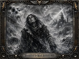 A lone, snow-covered figure struggles through a violent charcoal blizzard, surrounded by ghostly faces, distant industrial towers, speakers, and guitar-like strings. Stark blacks, smoky grays, and icy whites create a hypnotic, ominous mood. Feathered charcoal textures and sweeping light beams intensify the surreal scene, framed by ornate gothic metalwork and skull details.
