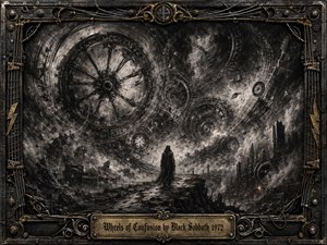 A lone cloaked figure walks through a ruined industrial landscape beneath enormous fractured wheels and spiraling mechanical forms. Deep charcoal blacks, smoky grays, and tarnished bronze create a bleak, ominous mood. Dramatic diffused light pierces the turbulence, while intricate metallic framing, guitar strings, bolts, and engraved details reinforce the dark, surreal composition.
