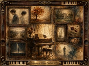 A nostalgic collage surrounds an old piano with faded portraits, autumn landscapes, roses, empty roads, and shadowy stage memories. Warm sepia, amber, brown, and muted gray tones glow beneath soft window light. Layered oil, acrylic, and watercolor textures create a melancholic, reflective atmosphere, framed by ornate musical details.