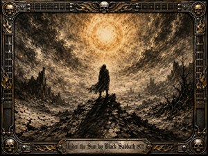A lone cloaked figure stands on a jagged ridge beneath a blazing sun, overlooking a barren, ruined landscape. Deep charcoal textures and sepia-gold highlights create an ominous, apocalyptic mood. A heavy metallic frame of guitar strings, skulls, flames, and gold inlay surrounds the scene, with an engraved title plate below.